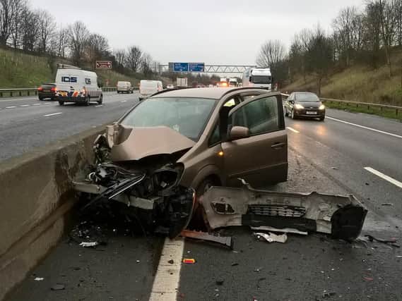 Three people were injured in a multi-vehicle collision on the M18 near Doncaster yesterday