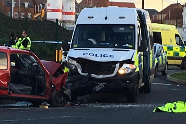 A police van was involved in a collision in Doncaster, which left an elderly woman seriously injured