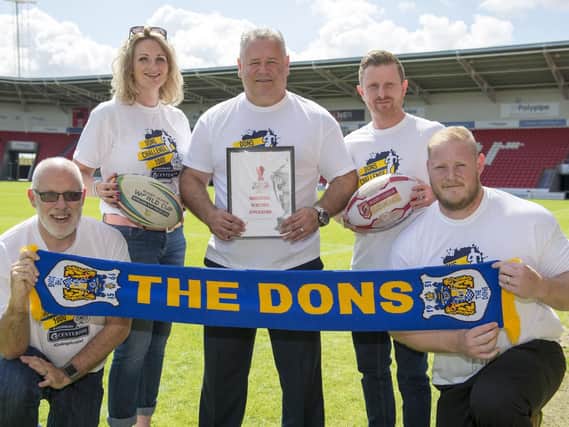Chris Dungworth (Business Doncaster), Lorna Reeve (visit Doncaster ), Carl Hall  (Doncaster RLFC), Dean Wiffen (Doncaster council), Ben Lewis (keepmoat stadium) with the Rugby League World Cup bid.