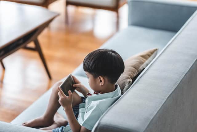 Boy using smart phone in the living room