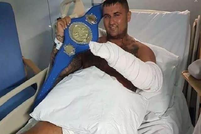 Brett May in his hospital bed, following the attack