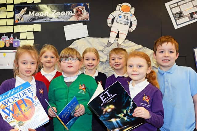 Year Two children pictured by their foundation topic Zoom Moon. Picture: NDFP-12-02-19-IvanhoePrimary-2