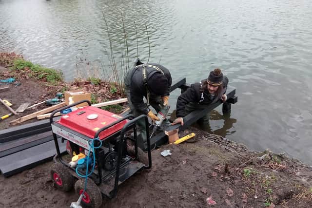 Construction of the fishing pegs at Askern Lake