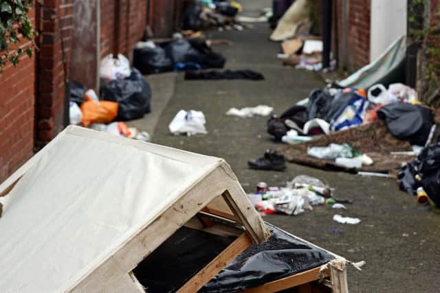 Fly-tipping in the backs between Ellerker Avenue and Stone Close Avenue, Hexthorpe. Picture: NDFP-19-03-19-Flytipping-2
