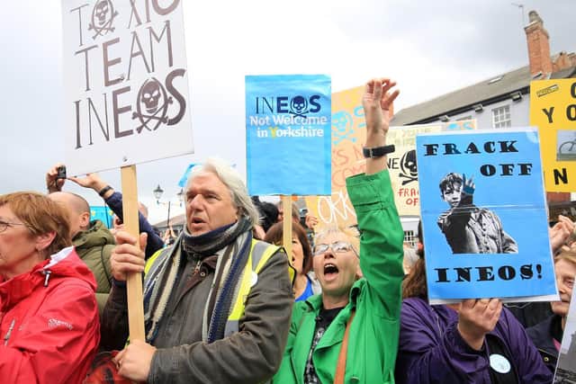 Some anti-fracking protesters booed and jeered Team Ineos as they made their way onto the stage before the start of stage one of the Tour de Yorkshire in Doncaster. Picture:Chris Etchells/Doncaster Free Press