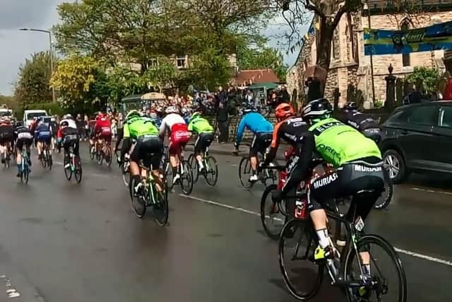 Riders travelling through Askern during the Tour de Yorkshire