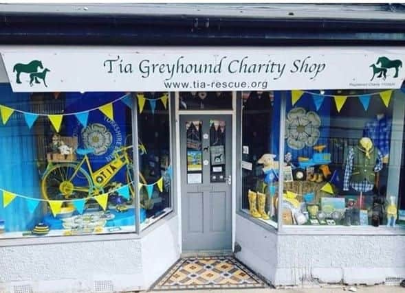 Tia Greyhound Rescue shop decorated for the Tour de Yorkshire in Askern