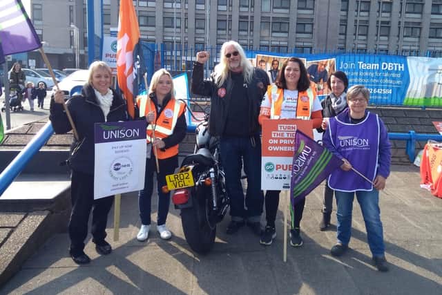 Strikers from the union Unison at Doncaster Royal Infirmary.