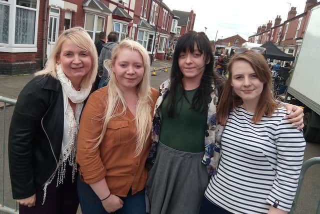 Film crews shooting Still Open All Hours at Lister Avenue, Doncaster, on June 3, 2019. Pictured are Helen Thompson, aged 55, Kerry Waud, 28, Hannah Waud, 26, and Stacey Dove, 28, all of Altofts, Wakefield.