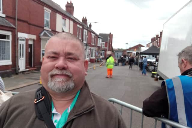 Film crews shooting Still Open All Hours at Lister Avenue, Doncaster, on June 3, 2019. Pictured is Jim Fitzpatrick, aged 58, of Conisbrough