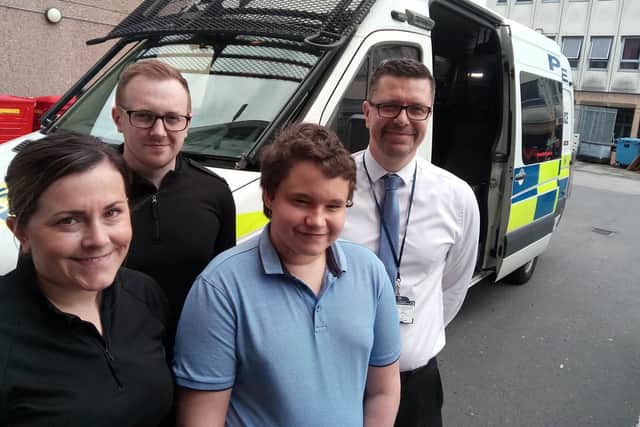 Pictured left to right at Doncaster Police Station are PC Sally Woodhall, Pc Ben Gill, Sam Firbank, and Pc Jamie Stewart