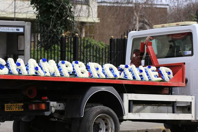 A floral tribute used at Tom Bell's funeral at St Peters in Chains Church, Doncaster on February 18 this year