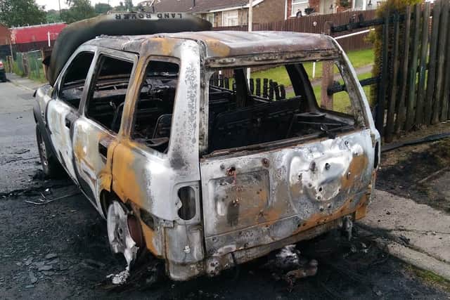 This Land Rover Freelander was destroyed in an arson attack in Denaby, Doncaster, in the early hours of Saturday