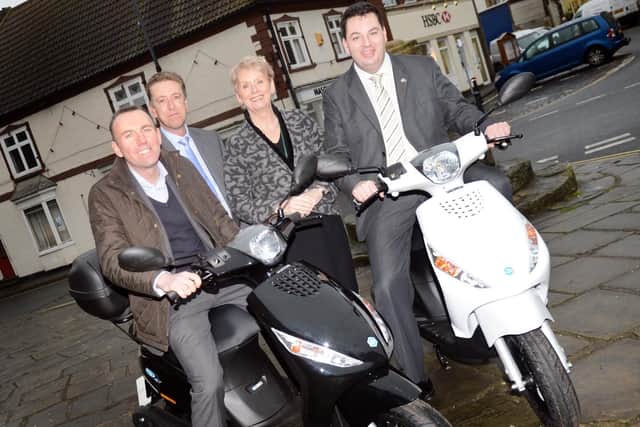 Andrew Percy, MP, is joined by councillors Rob Waltham, David Robinson and Liz Redfern, to promote the Wheels to work scheme in 2012