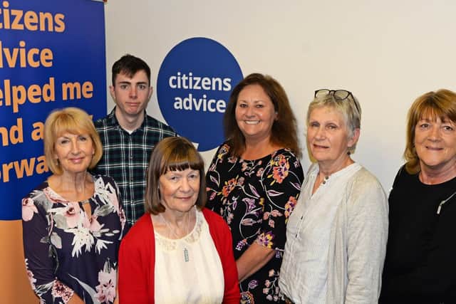 L-r Susan Hodges, Cameron Vernon, Charlotte Dobson, all volunteers, Karen Bothamley, CEO, Hilary White, volunteer and Gail Bull, welfare benefits advisor and session supervisor, pictured at Stainforth Citizens Advice Bureau. Picture: Marie Caley NDFP-230-04-19-StainforthCAB-1