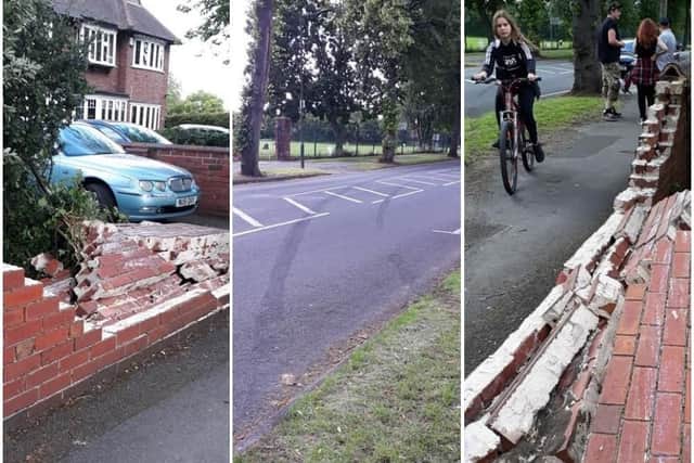 The aftermath of the smash in Town Moor Avenue, showing the damage to the wall and the tyre marks left on the road. (Photos: Viv Howorth).