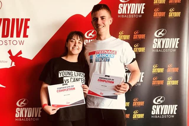 Caitilin Carroll jumped out of a plane at 15,000 ft at the Brigg airfield, near Scunthorpe on Sunday June 23 with her boyfriend Robbie Foulds, also aged 21.