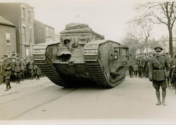 A tank rolls into Doncaster for Tank Bank Week 1918