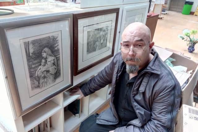 Andy Fowler at his art stall on Doncaster Market