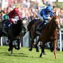 Masar, ridden by Willam Buick, storms home from Dee Ex Bee (far side) and Roaring Lion to spring an upset in the Investec Derby at Epsom.