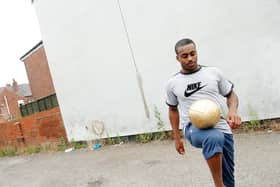 England star Danny Rose showing his skills during a visit to Doncaster.