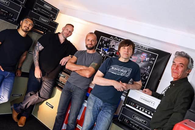 Arv Teeroovengadum, engineer and social media, Kee Mayer, operations manager and Andrei Nicula, artist realtions and sales, pictured with David Bazin and Pierre Labrosse, of LaBaz Music, Hiwatt's new European sales partnership. Picture: Marie Caley NDFP HIWATT MC 5 
Writer:
