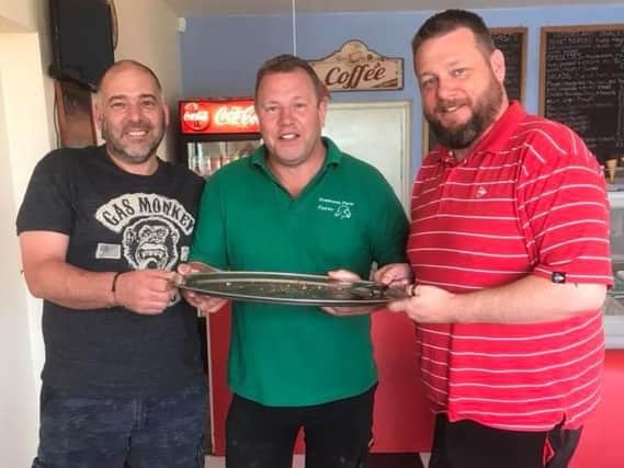 Mat and Tim became the first customers to see off Ted Phillips' Terminator 2 breakfast. (Photo: Shepherd's Place Farm).
