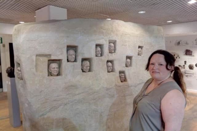 Jo McQuade, miners daughter and local government officer, with a model of the proposed Doncaster mining memorial