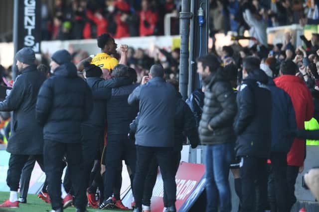 Shawn McCoulsky celebrates his goal for Newport County against Leeds United last season.