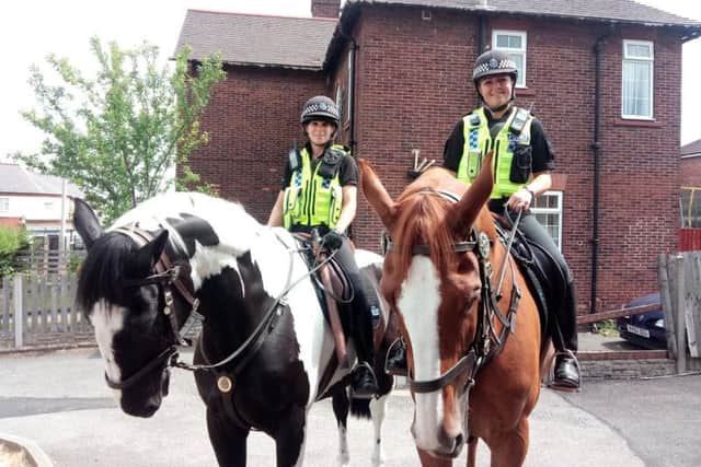 Michelle Hudson on police horse Treeton, and Julie Bradshaw on police horse Cubley, in Edlington. PIcture: David Kessen