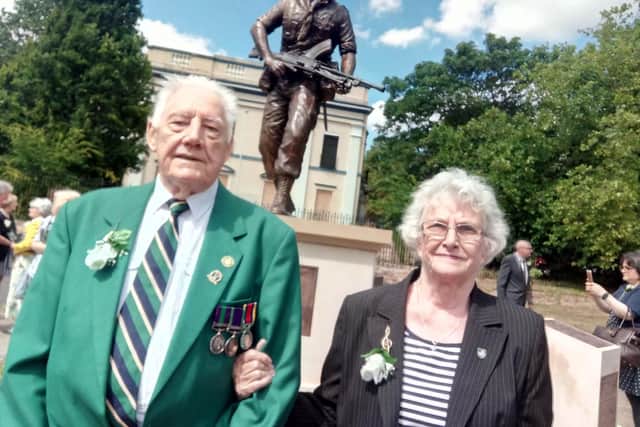 Kings Own Yorkshire Light Infantry veteran Herbert Moss, aged 88, from Thorne, Doncaster, with wife Jean, 83, at the unveiling of the new regimental memorial at Elmfield Park. Picture: David Kessen