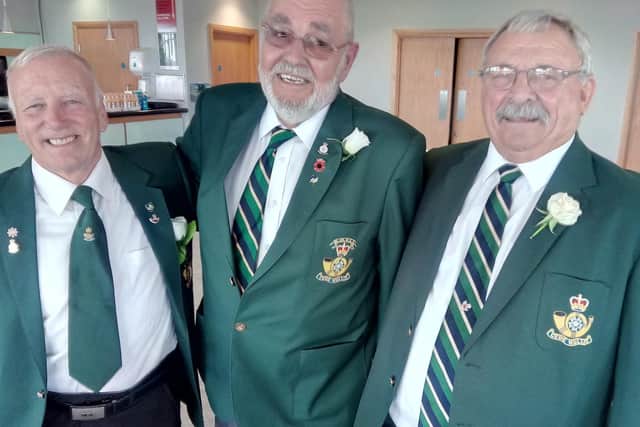 Doncaster KOYLI veterans Don Egginton,  aged 71 of York Road, Alan Granby, 72, of Woodlands, and Gary Dickinson, 71 of Tickhill, at the reception following the unveiling and dedication of the new King's Own Yorkshire Light Infantry memorial in Elmfield Park. PIcture: David Kessen