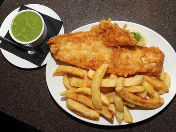 Fish, chips and peas at Whitby's Fish andChip Restaurant.