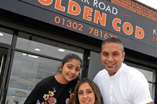 Golden Cod, on York Road, Doncaster, took second place in this years Chip Shop of the Year. Owner Bob Singh, pictured with his family Sohni Kaur, 11 and Satti Kaur. Picture: Marie Caley NDFP-28-08-18-GoldenCod-2