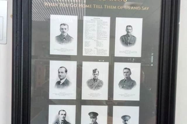 The board put up in tribute to Doncaster RUFC players who were killed during World War One. Picture: David Kessen
