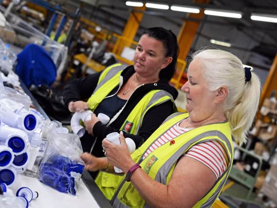 Doona Edwards and Denise Grove, pictured on the Undersink Trap assembly line. Picture: Marie Caley NDFP-28-08-18-Polypipe-4