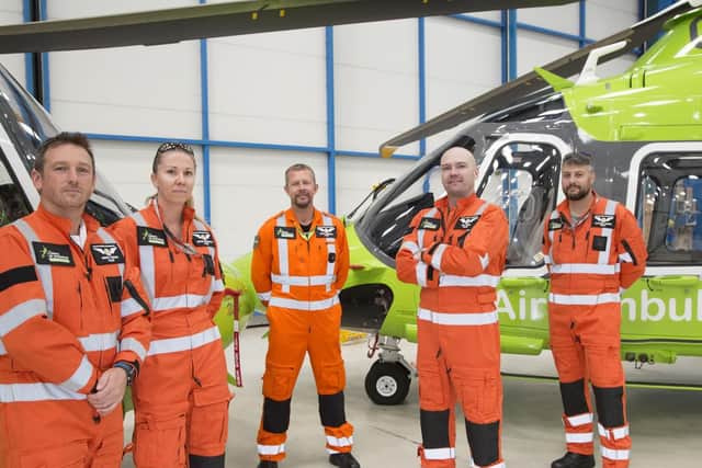 Left to right the Children's air ambulance pilots are:
Wayne Thomas, Esther Verschoor, Mark Woodley, Ben Cook and Matthieu Lechien
It is based at Doncaster airport