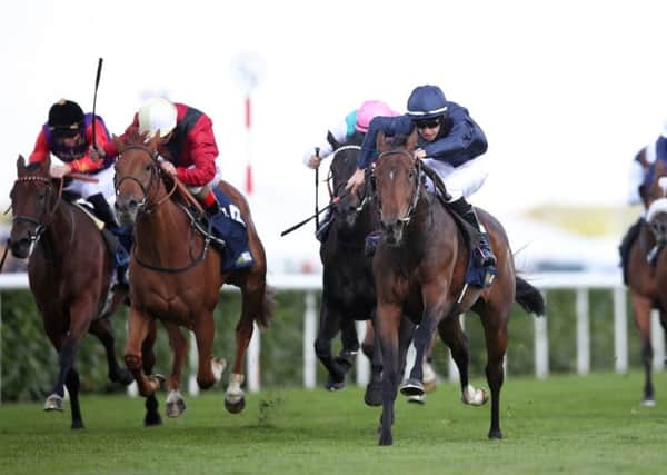 Fleeting and Donnacha O'Brien (dark jacket) surge clear to land the May Hill Stakes at Doncaster.