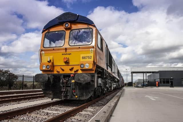 The first freight train, the GB Railfreight Class 66 locomotive no. 66752, The Hoosier State', has pulled in to thenewly-opened iPort Rail inland port in Rossington, Doncaster.