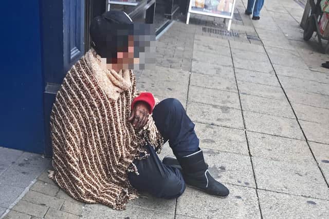A beggar pictured at Doncaster Market Place. Picture: NDFP-04-09-18-Beggars-1