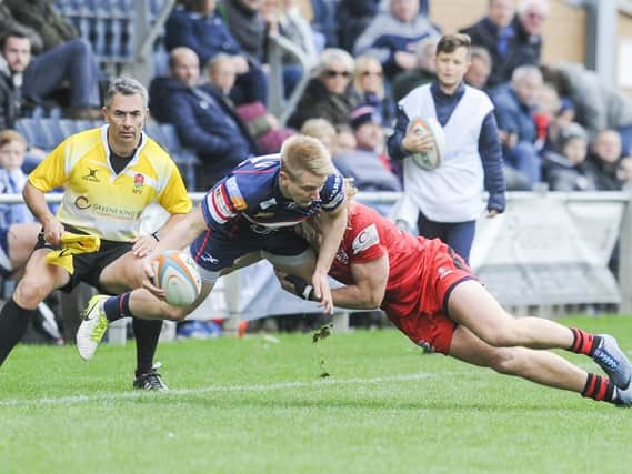 Doncaster Knights v Jersey Reds: Knights Cameron Cowell is sent flying
