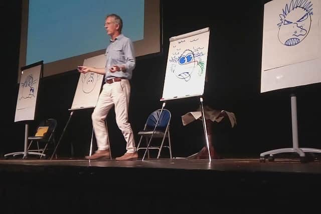 Horrible Histories illustrator Martin Brown at the Doncaster Book Awards launch, 2018-19, at the Dome