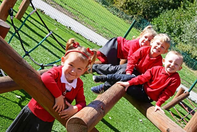 Lily, Annabelle, Franklyn and Greyson, pictured on the new Trim Trail. Picture: Marie Caley NDFP-25-09-18-BentleyHighSt-5