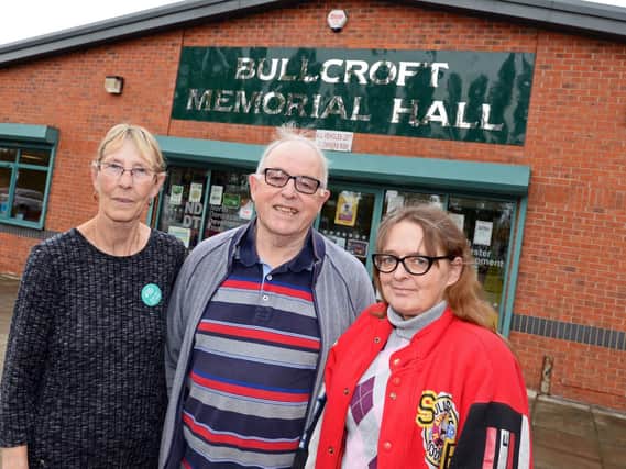 Diane Martland, Admin, John Burke, NDDT Vice Chairman and Diana Foster, Board Member, pictured outside the Bullcroft Memorial Hall in Carcroft.