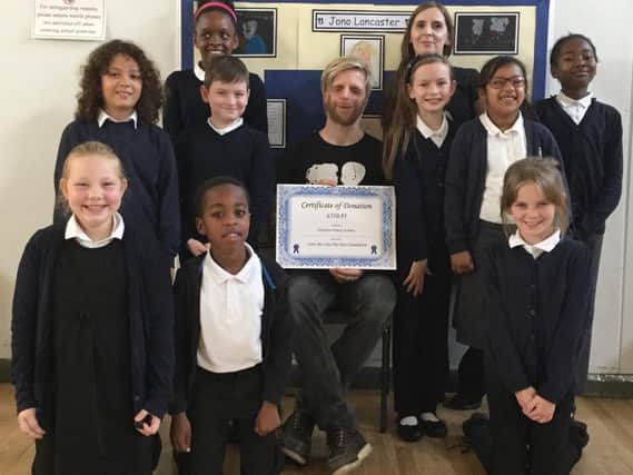 Jono Lancaster, Jeans for Genes ambassador and co-founder of Love Me Love My Face foundation, visited Hexthorpe Primary Academy