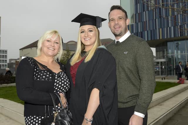 Graduation ceremony at 'Cast' for students from Doncaster College's University Centre. Stacey  weatherley with husband Ricky and mum Coleen Williams. Picture Scott Merrylees