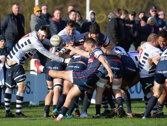 Tom James clears from the scrum for the Knights.
Yorkshire Carnegie v Doncaster Knights. Championship Cup.  Brantingham Park, Hull.
24 November 2018.  Picture Bruce Rollinson