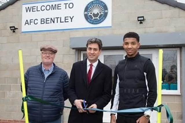 Doncaster North MP Ed Miliband cuts the ribbon on AFC Bentleys new pavilion along with chairman Barrie Abbott and former player, Everton defender Mason Holgate