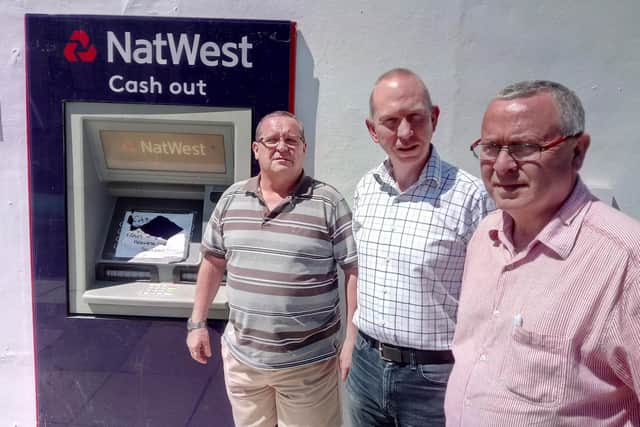 Richard McHale of Bawtry Residents Group, Mayor of Bawtry Alan Claypole, and Bawtry Residents Group chairnman Doug Cartwright, outside the closed bank in Bawtry