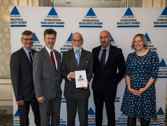 His Royal Highness Prince Michael of Kent presents the Most Improved Road Award to East Riding of Yorkshire Council and North Lincolnshire Council